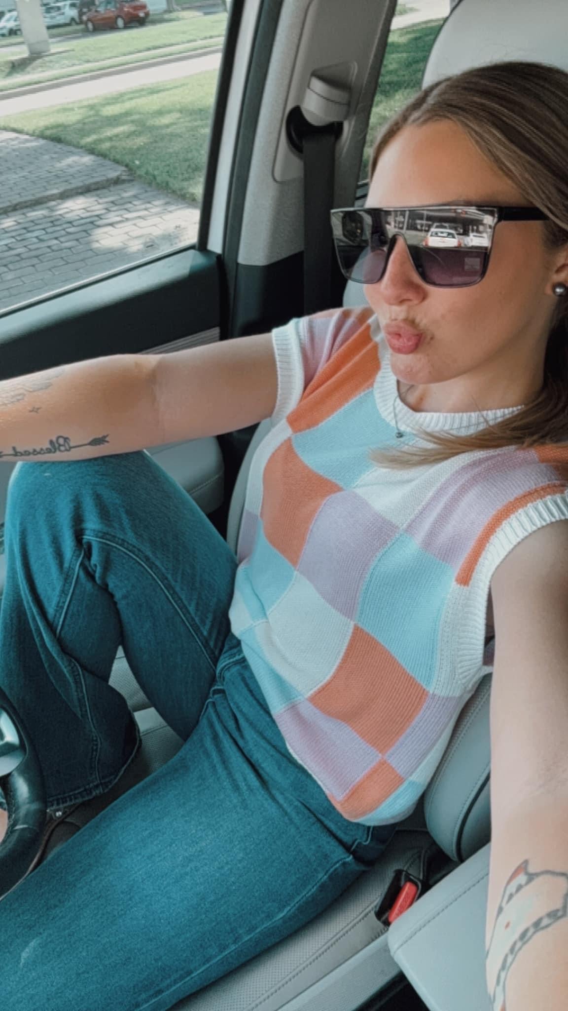 Checkered Short Sleeve Sweater