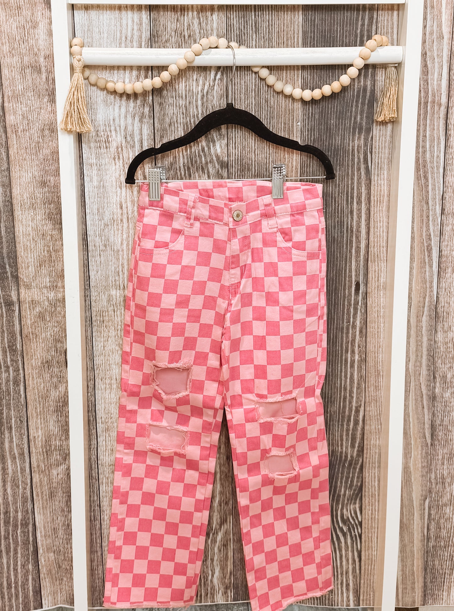 Pink Checkered Distressed Denim PREORDER