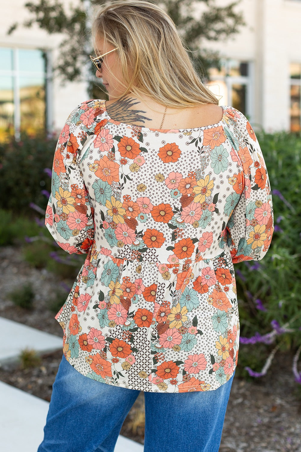 Plus Size Khaki Flower Print Square Neck Peplum Blouse