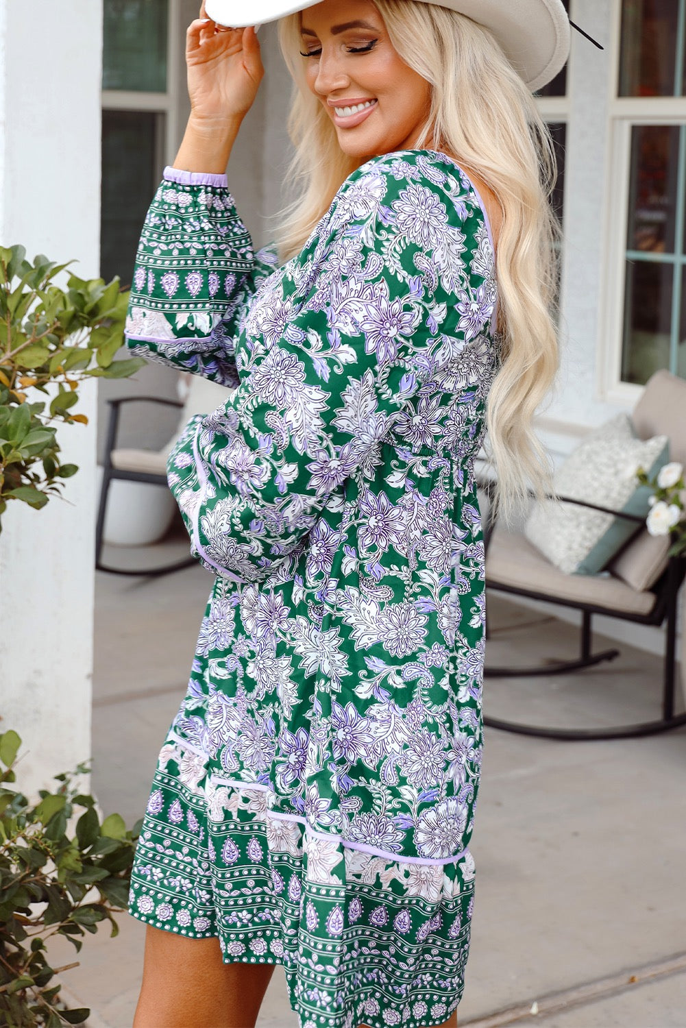 Green Floral Print Piping Trim Bubble Sleeve Square Neck Dress