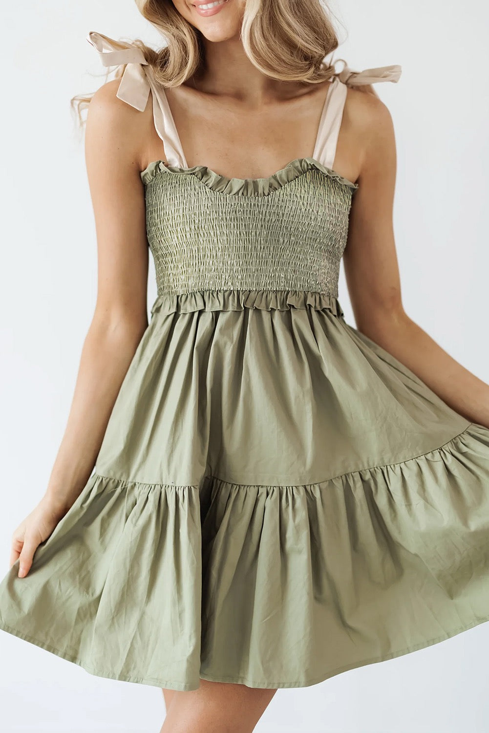 Laurel Green Smocked Bodice Self-Tie Straps A-line Ruffled Mini Dress