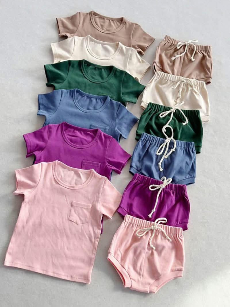 Kids Ribbed Knitted Pocket Tee Short Set