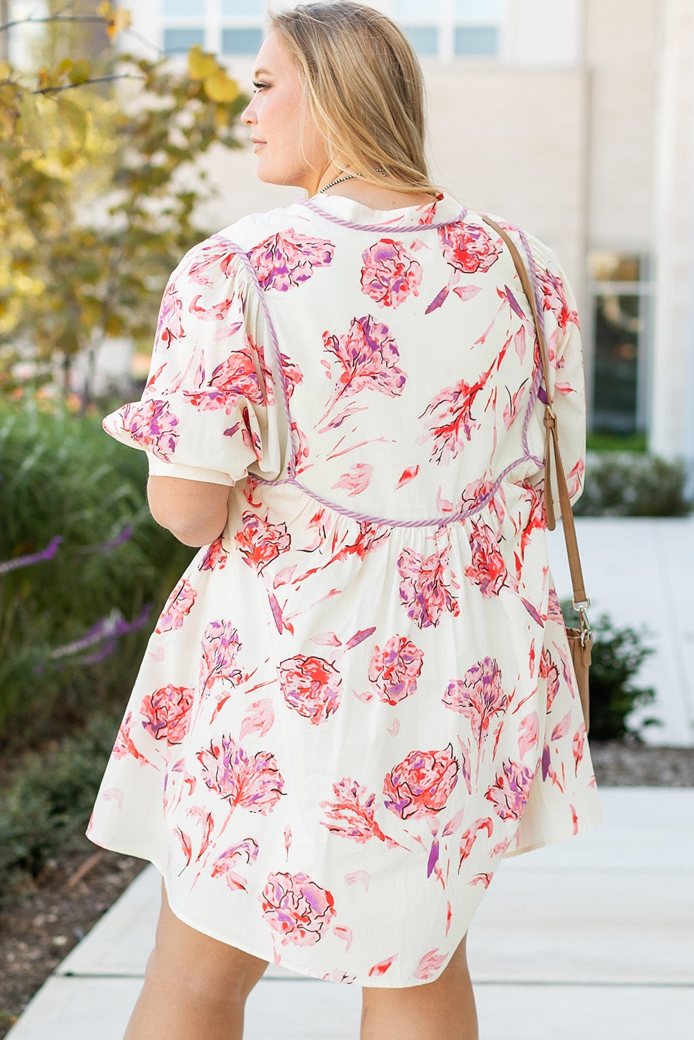 White Floral Print Lace Up V Neck Balloon Sleeve Plus Size Shift Mini Dress