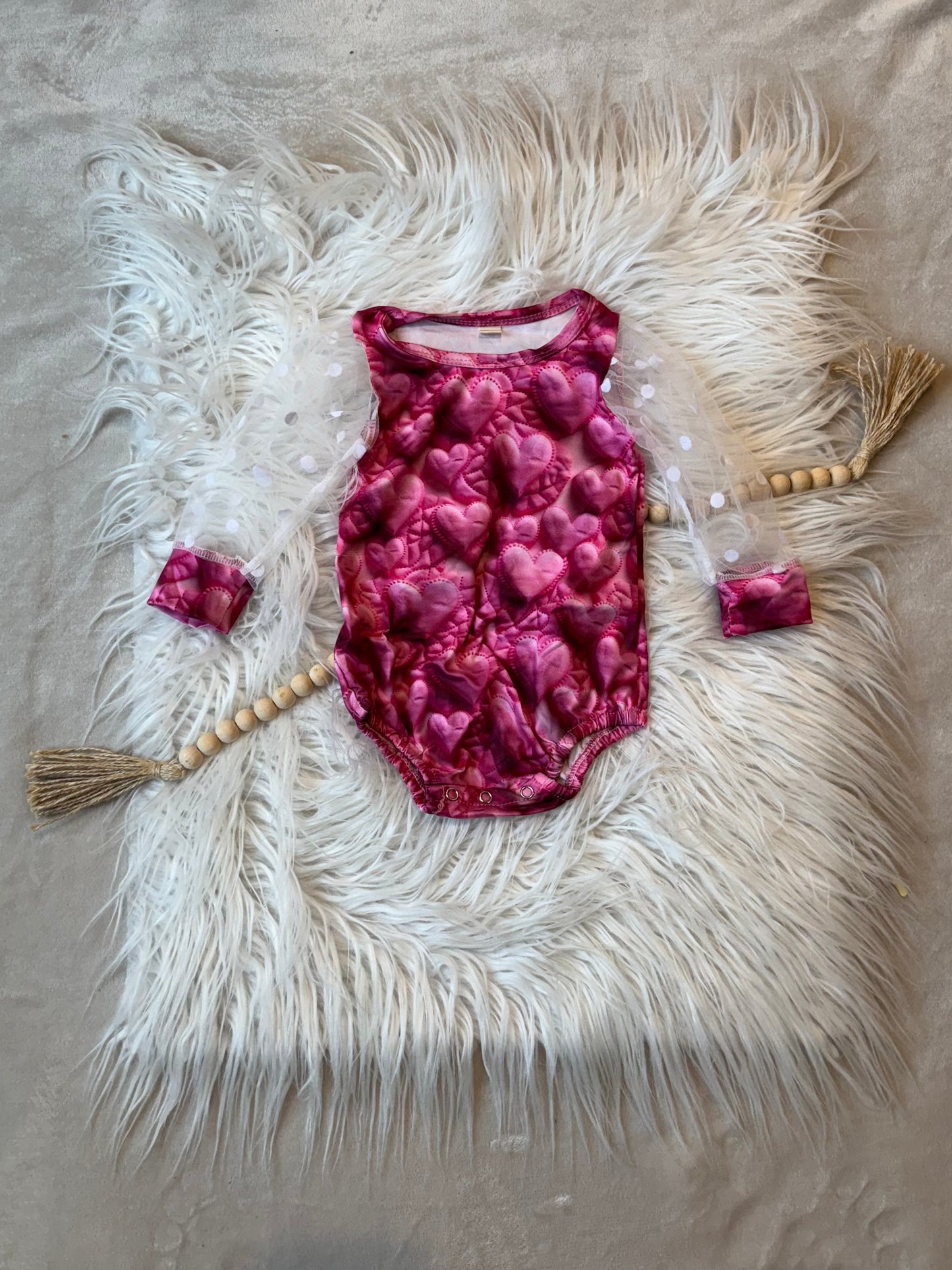 Embroidered Hearts Mesh Sleeve Romper