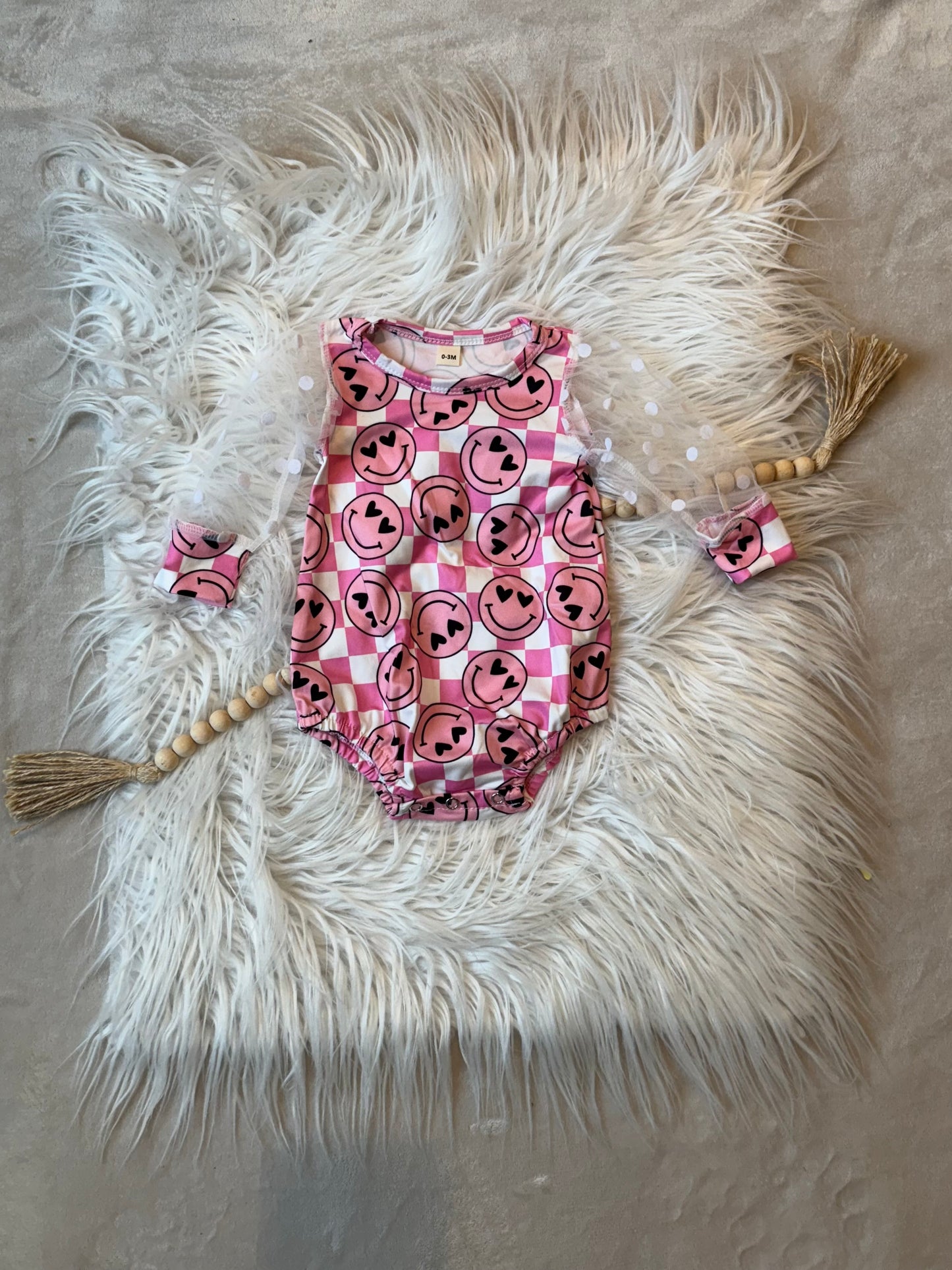 Checkered Smiles Valentine Mesh Sleeve Romper