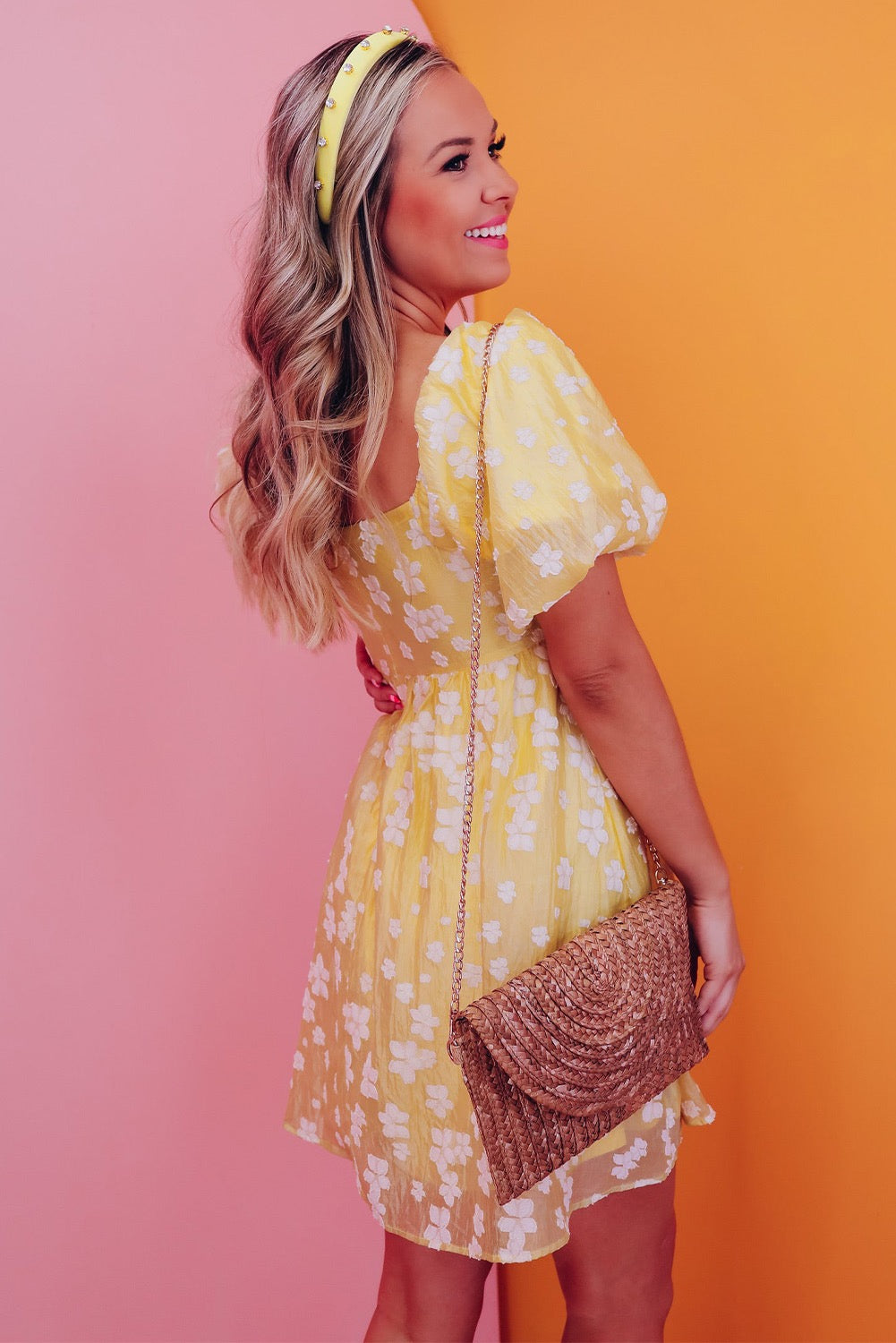 Yellow Boho Floral Jacquard Puff Sleeve Square Neck Mini Dress