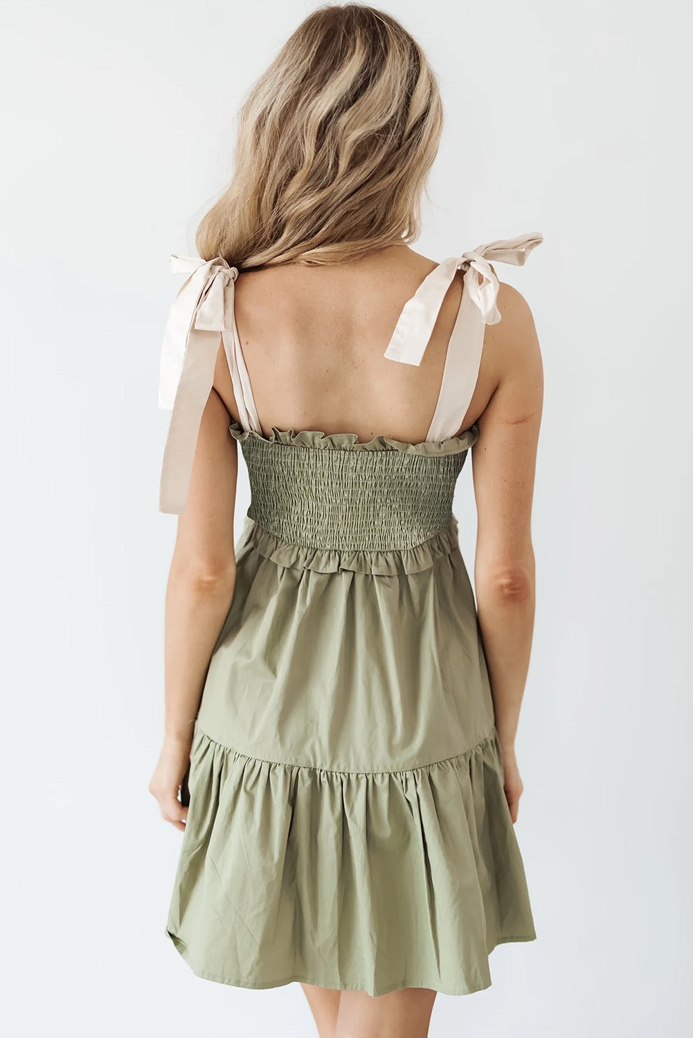 Laurel Green Smocked Bodice Self-Tie Straps A-line Ruffled Mini Dress