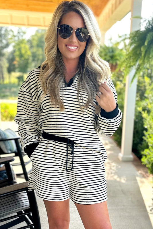 Black Stripe Collared Long Sleeve Too and Drawstring Short Set