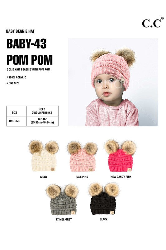 C. C Solid Ribbed Infant Natural Fur Pom Pom Beanie