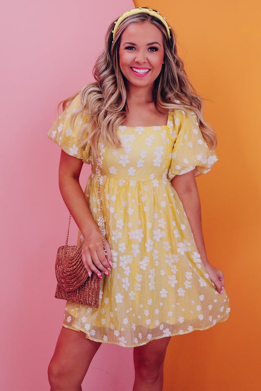 Yellow Boho Floral Jacquard Puff Sleeve Square Neck Mini Dress