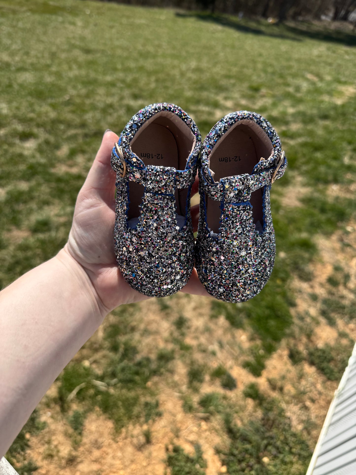 Black Glitter T-Strap Flats with Blue Outline