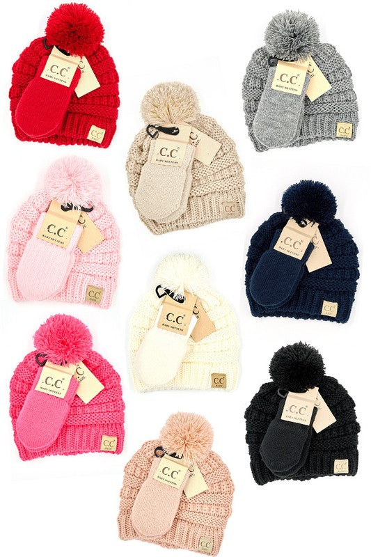 C. C Solid Ribbed Baby Pom Beanie and Mittens