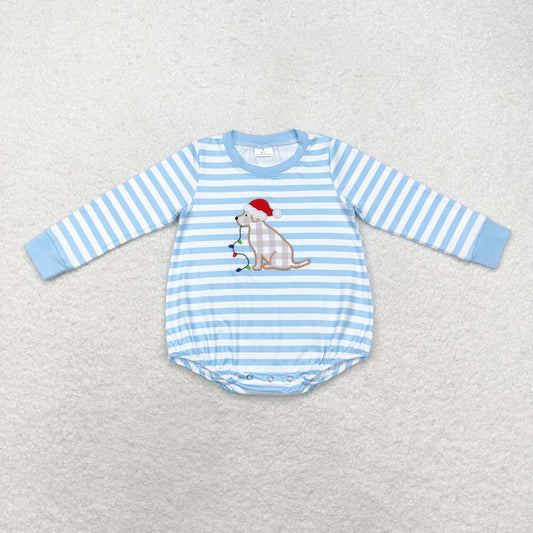 Embroidered Striped Blue Puppy With Lights Romper