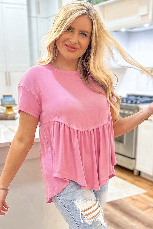Peachy Blossom Subtle Ribbed Short Sleeve Baby Doll Top