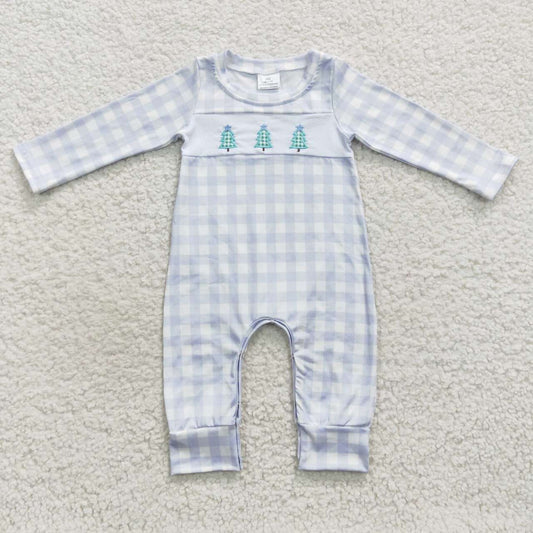 Embroidered Trees Blue Plaid Romper