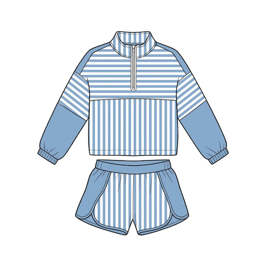 Striped Zip Up Shorts Set