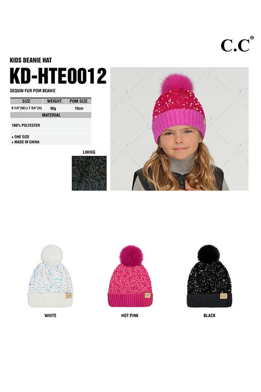 C. C Kids Sequin Fur Pom Beanie