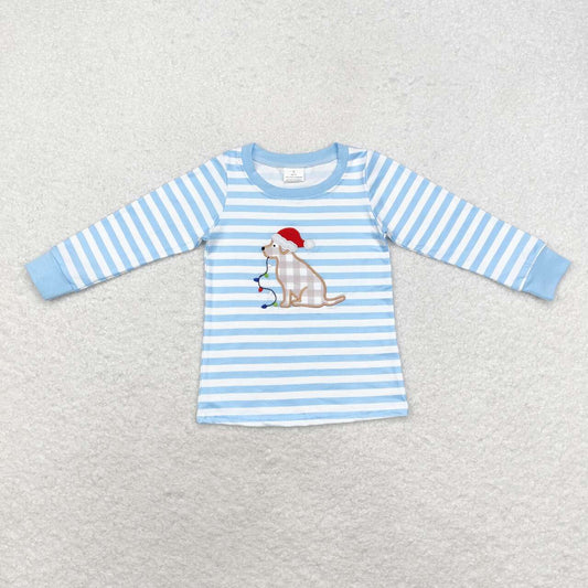 Embroidered Striped Blue Puppy with Christmas Lights Shirt