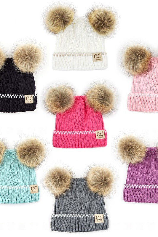 C. C Solid Knit Double Pom Baby Beanie