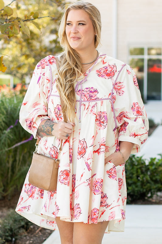 White Floral Print Lace Up V Neck Balloon Sleeve Plus Size Shift Mini Dress