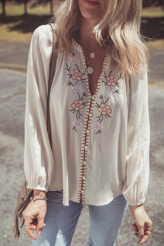 Beige Floral Embroidered Textured Piff Sleeve Loose Shirt