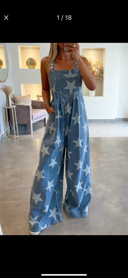 Star Print Buttoned Strap Pleat Wide Leg Denim Overall