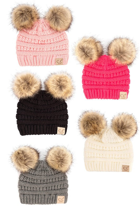 C. C Solid Ribbed Infant Natural Fur Pom Pom Beanie