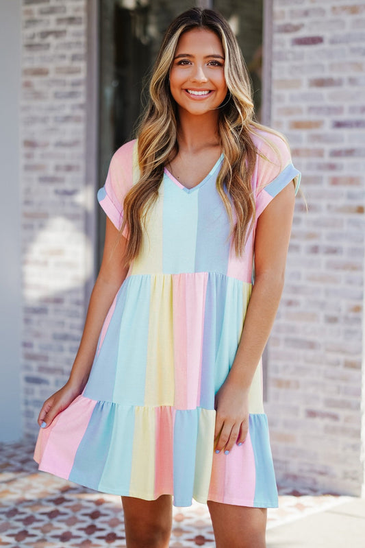 Multicolored Striped Color Block Tiered Mini Dress