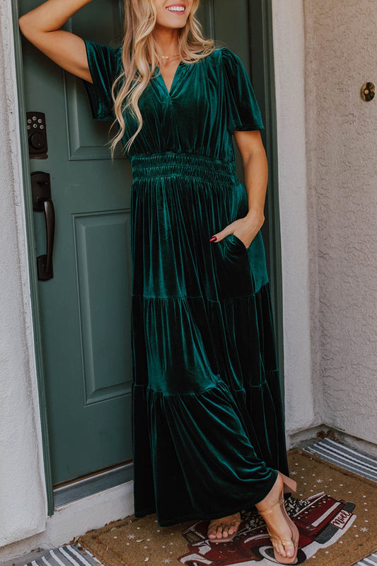 Evergreen Velvet Short Sleeve Shirred Waist Tiered Maxi Dress