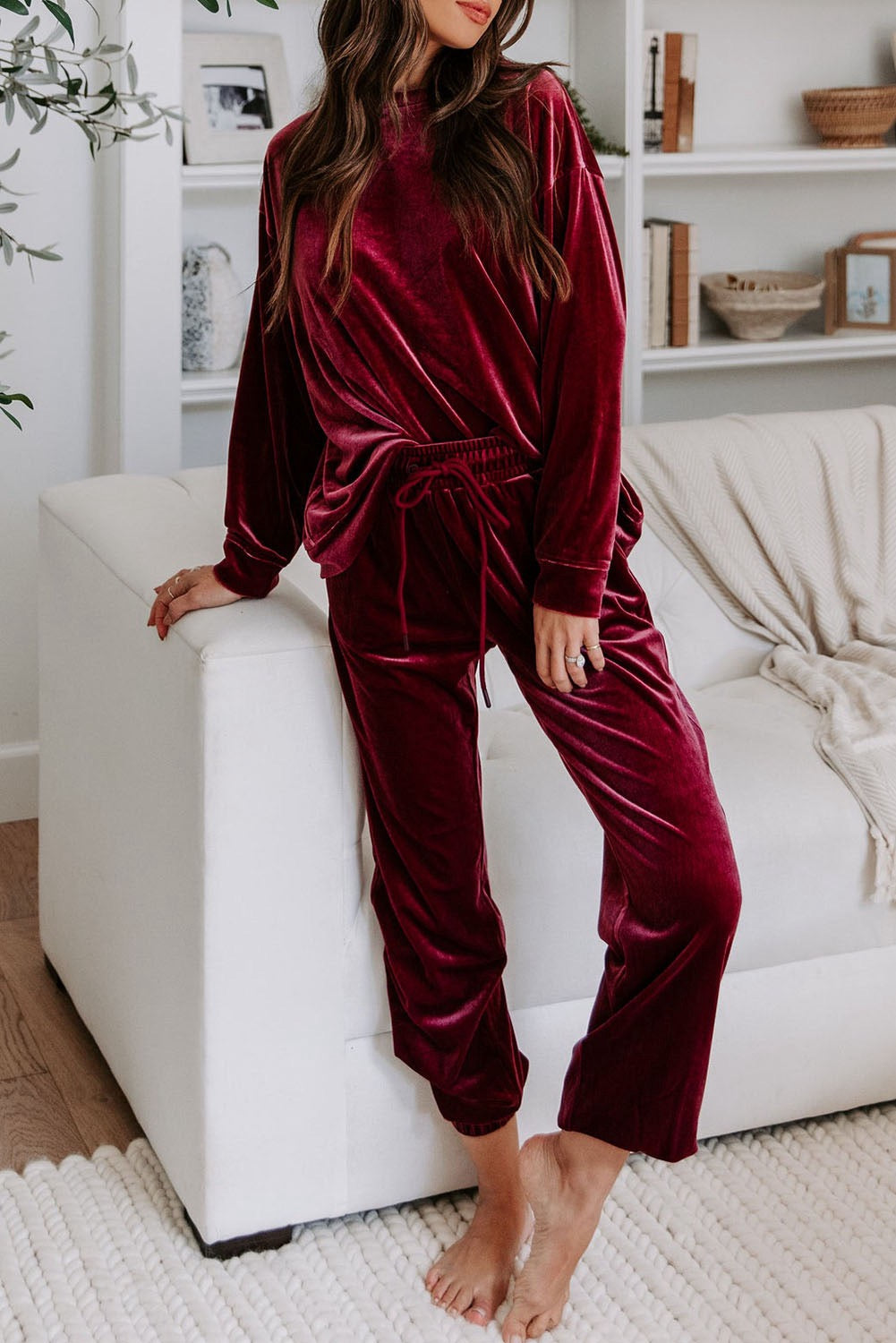 Fiery Red Solid Velvet Two Piece Lounge