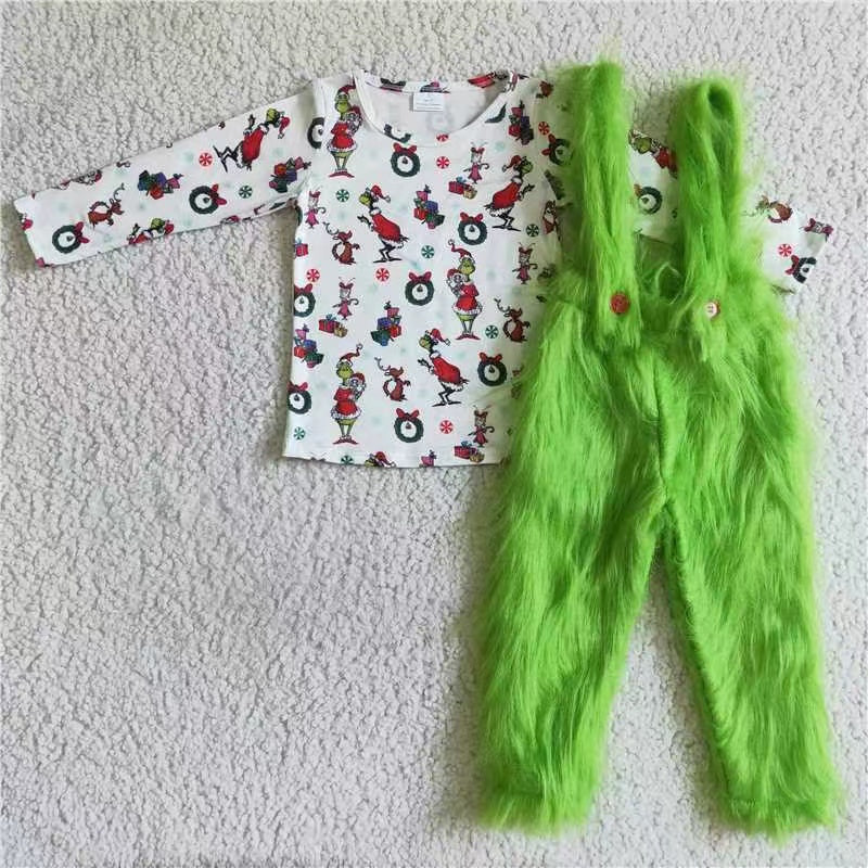 Green Face Fur Overalls Set