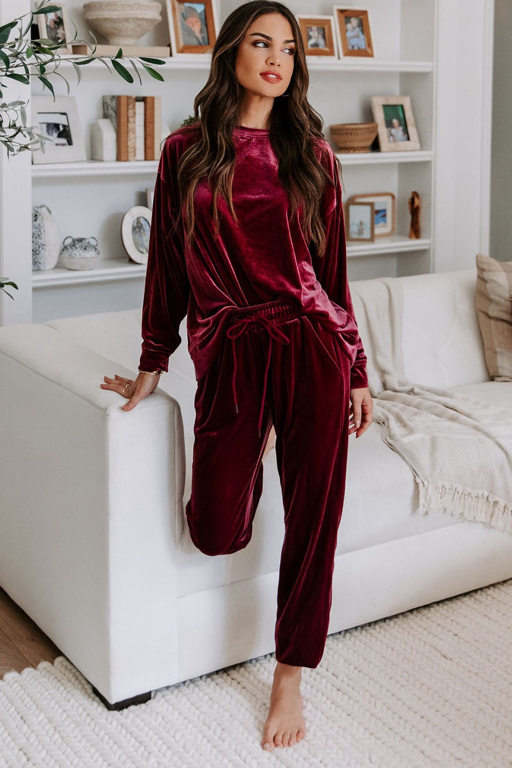 Fiery Red Solid Velvet Two Piece Lounge