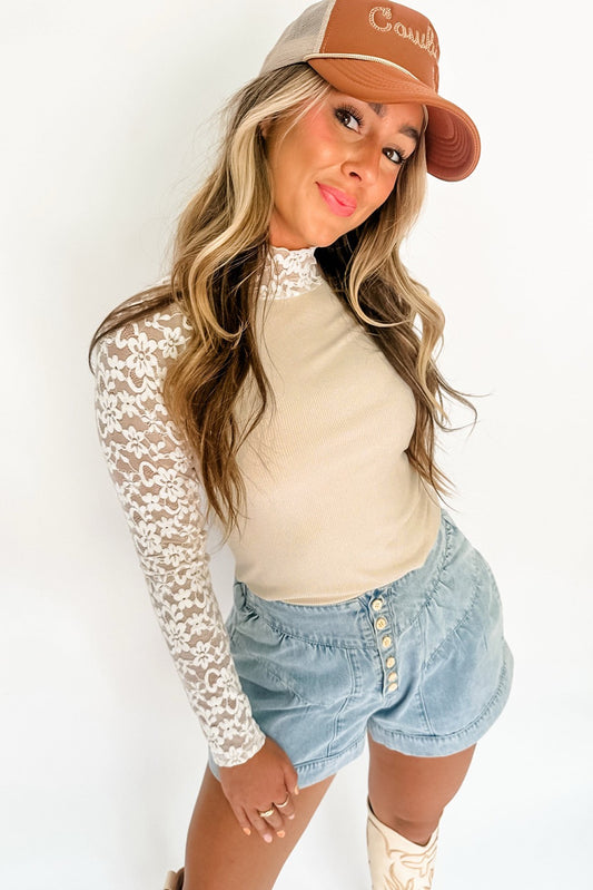 Beige Floral Lace High Neck Top