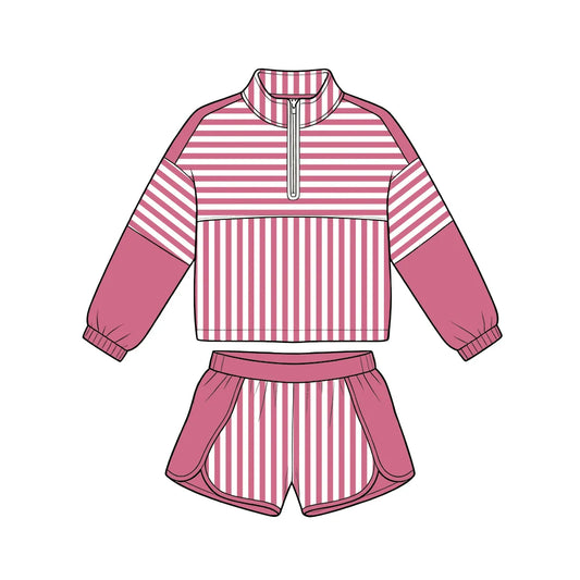 Pink Stripes Zip Up Short Set