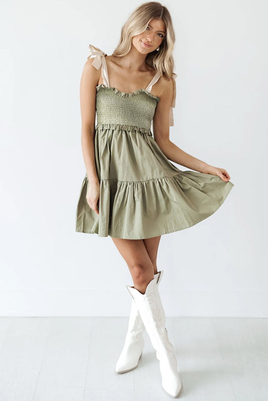 Laurel Green Smocked Bodice Self-Tie Straps A-line Ruffled Mini Dress