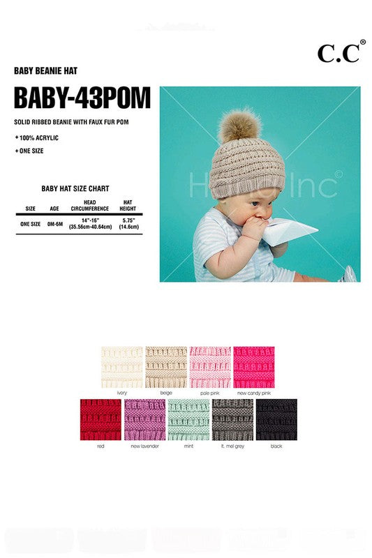 C. C Solid Ribbed Infant Natural Fur Pom Beanie