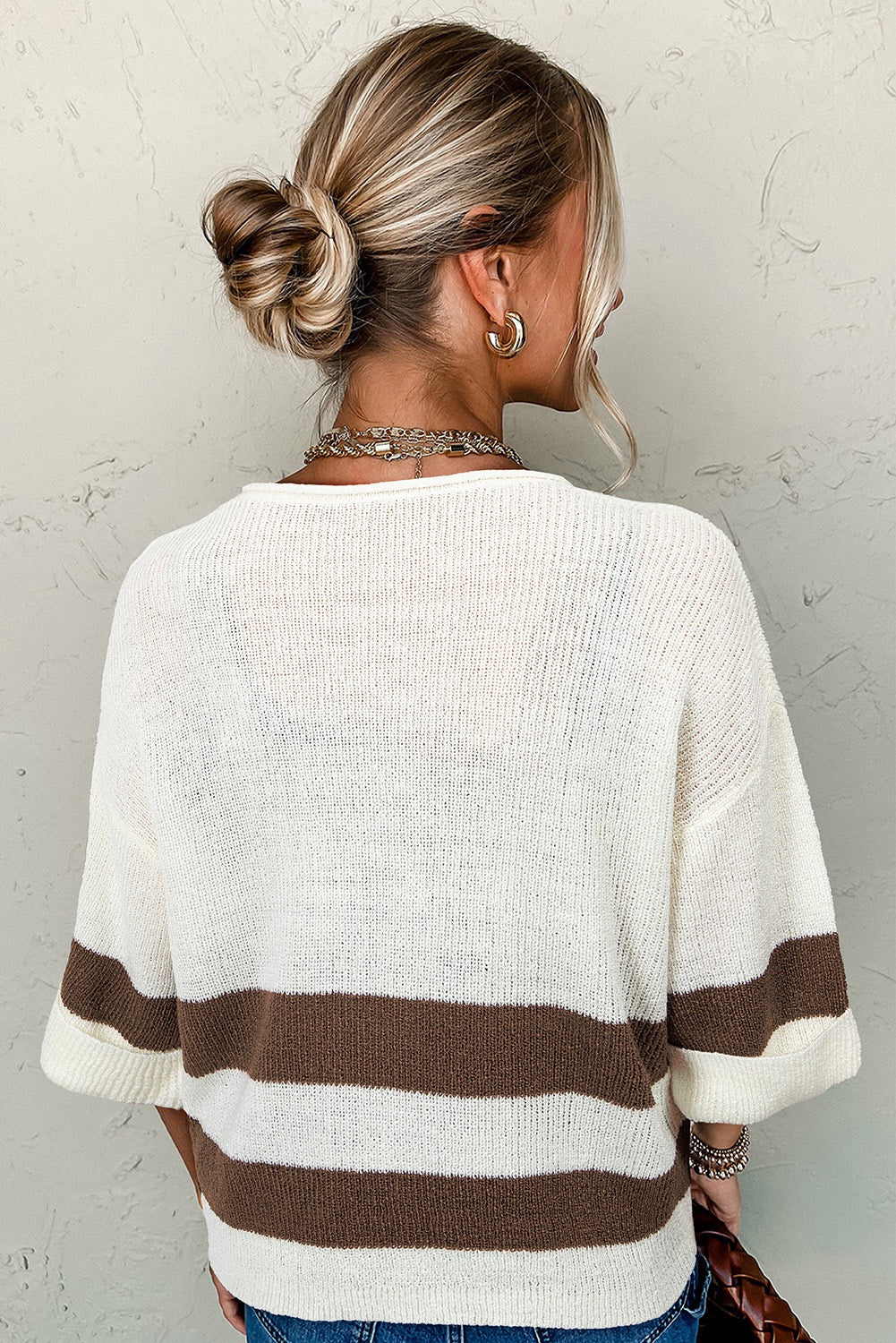 Brown Striped V Neck Cropped Sweater