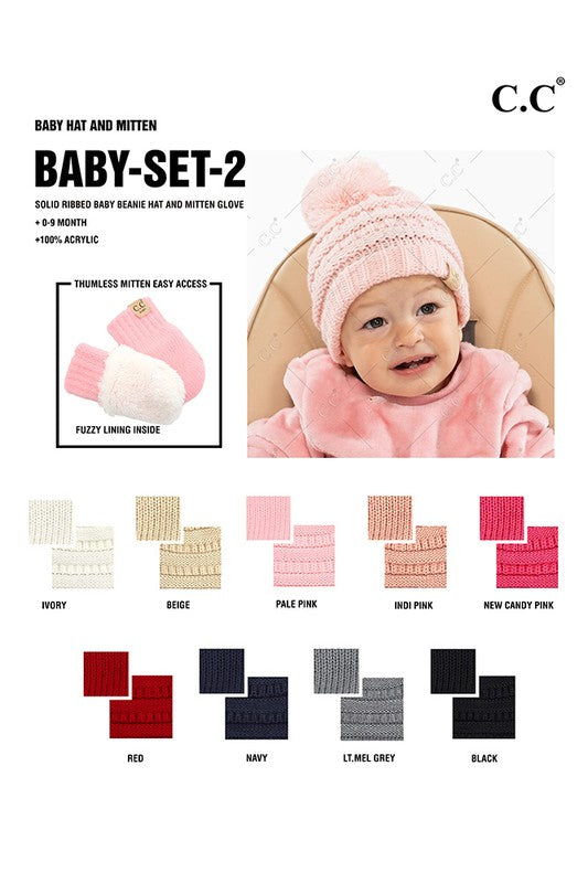 C. C Solid Ribbed Baby Pom Beanie and Mittens