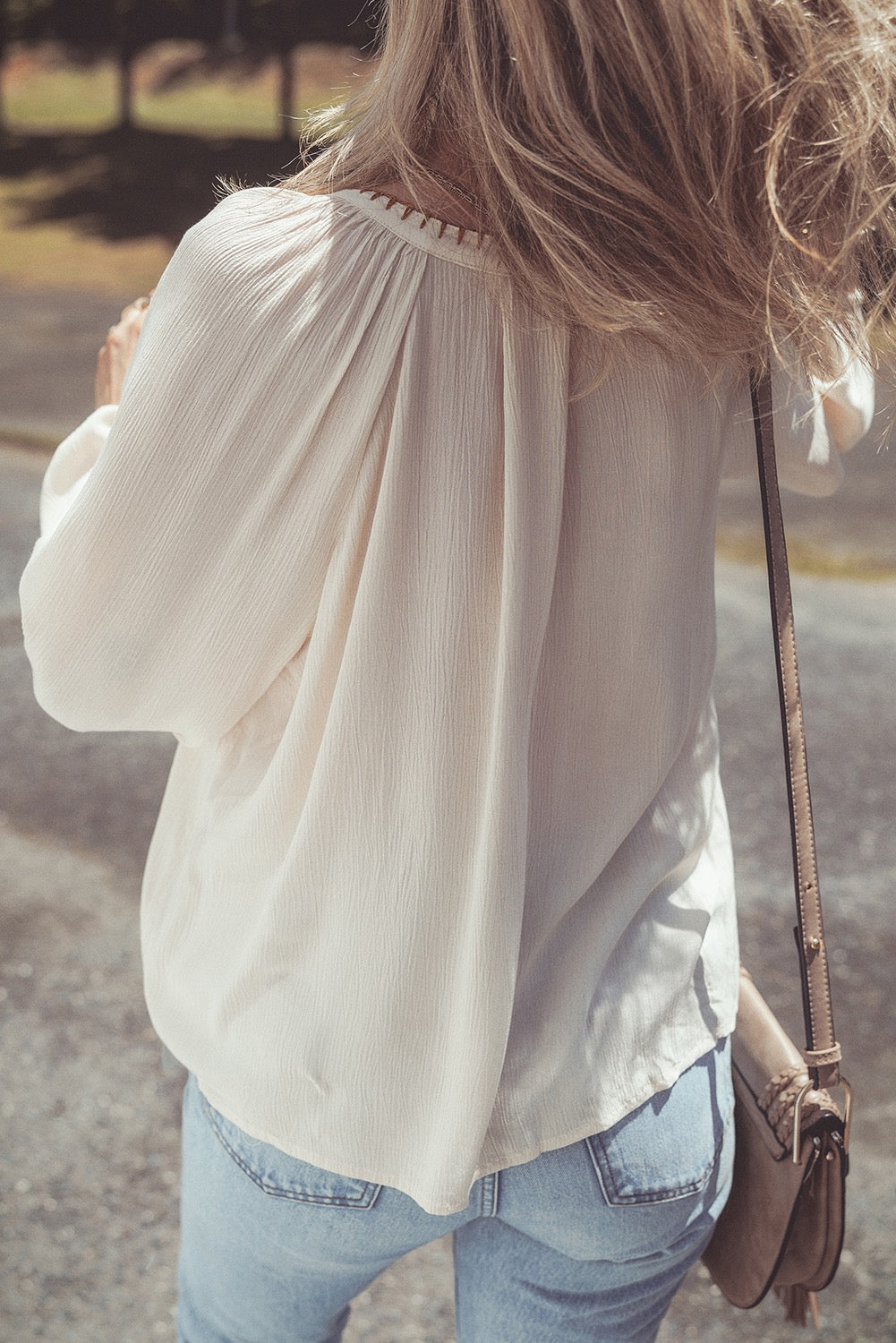 Beige Floral Embroidered Textured Piff Sleeve Loose Shirt