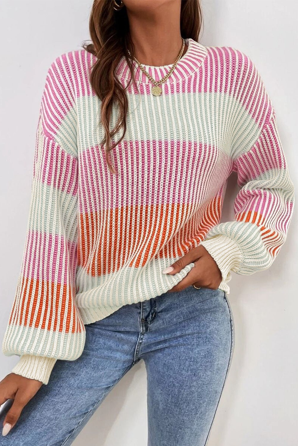 Pink Colorblock Textured Knit Bubble Sleeve Sweater