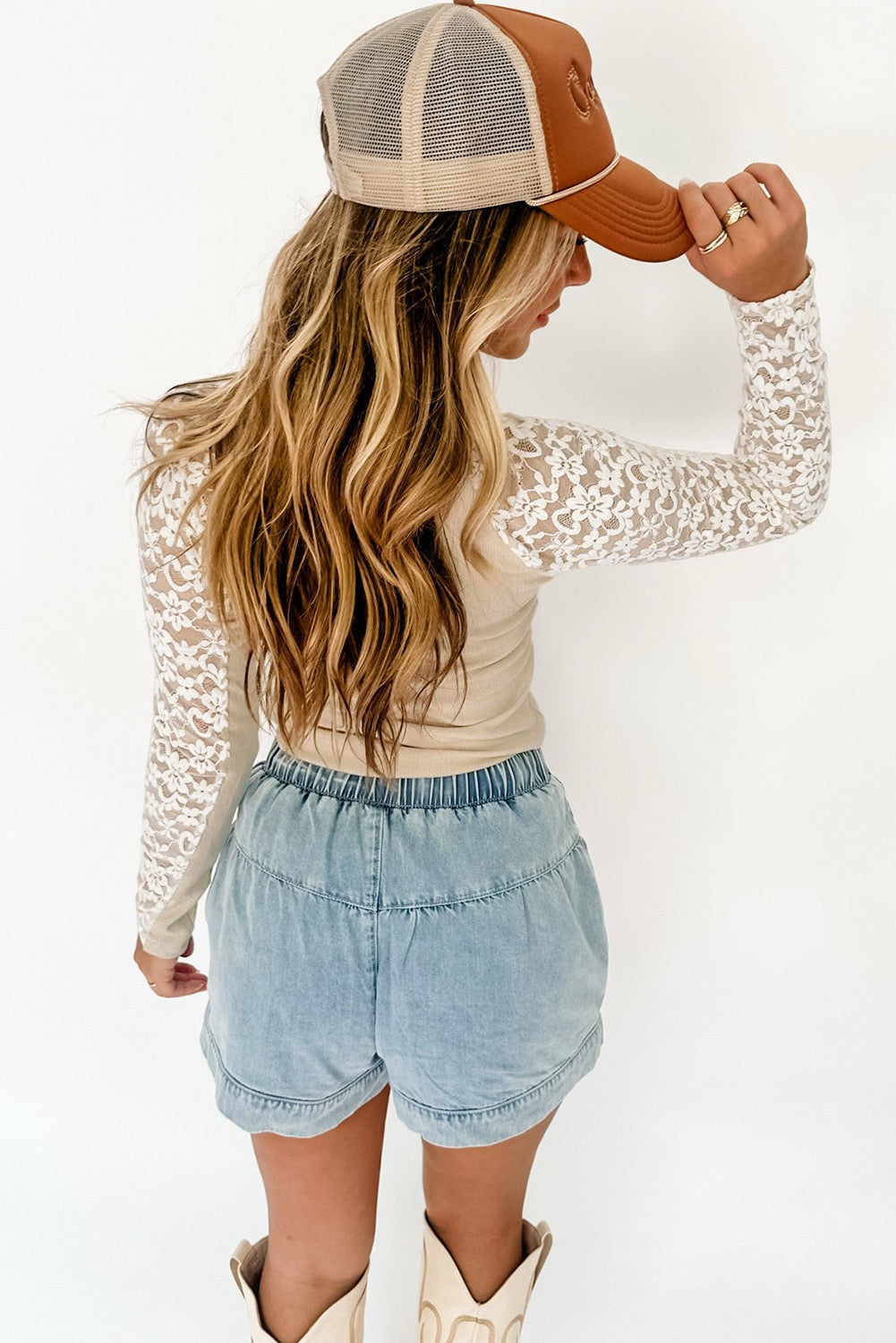 Beige Floral Lace High Neck Top