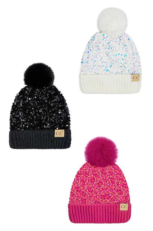 C. C Kids Sequin Fur Pom Beanie