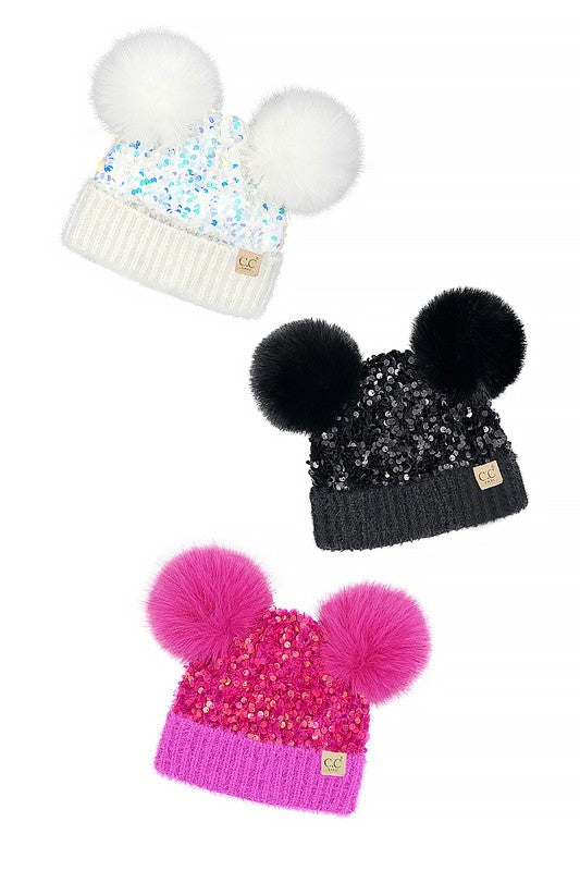 C. C Baby Sequin Fur Pom Pom Beanie