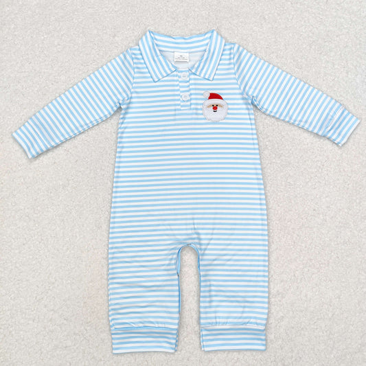 Santa Blue Striped Button Up Romper