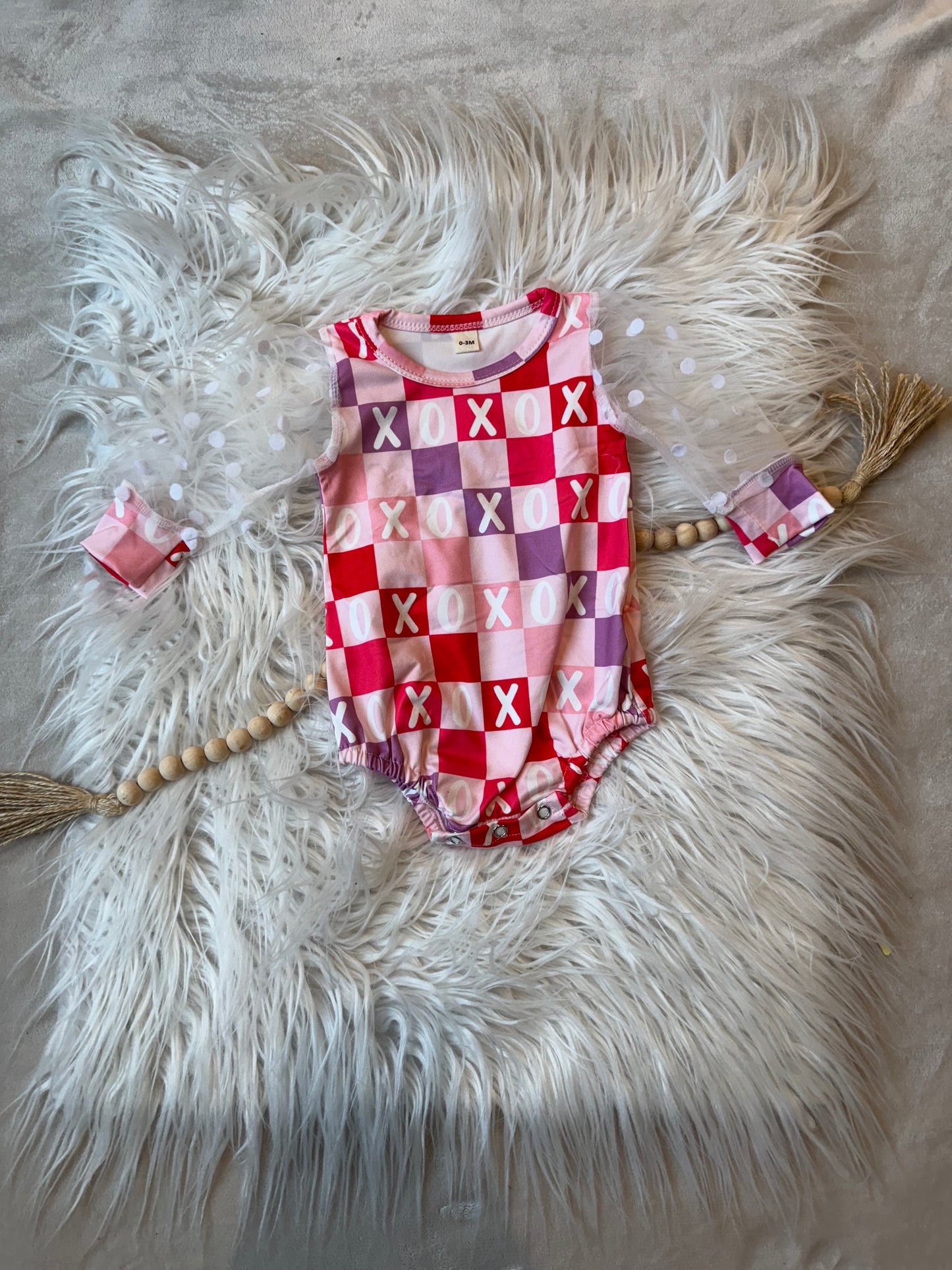 Checkered XO’s Valentine Mesh Sleeve Romper
